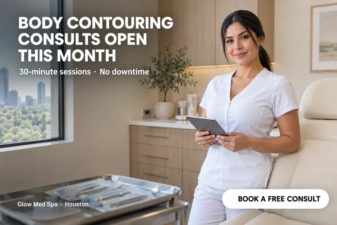 Example ad that passes review: a nurse injector in a bright treatment room with the headline Body contouring consults open this month
