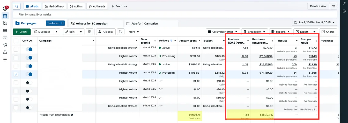 Meta Ads Manager: $4,608 spent, $55,202 in purchases, 11.98 average ROAS, June 9 to 19 2025