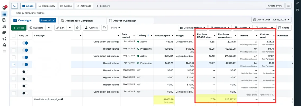 Meta Ads Manager: $1,453 spent, $25,587 in purchases, 17.6 average ROAS, June 16 to 19 2025