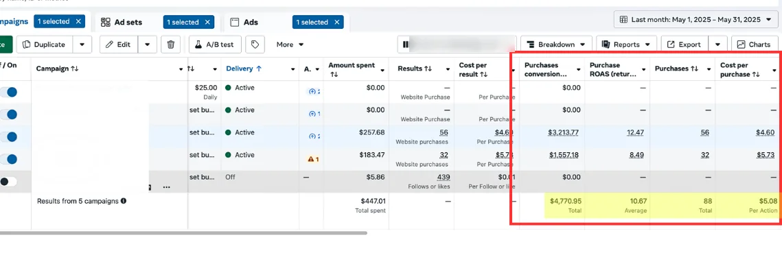Meta Ads Manager: $447 spent, $4,770 in purchases, 10.67 average ROAS, $5.08 per purchase, May 2025
